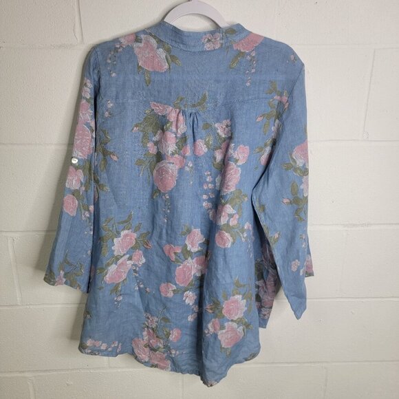 Tempo Paris Floral Linen Button Down Top  XL Summer Beachy Lagenlook Artsy - Picture 2 of 6